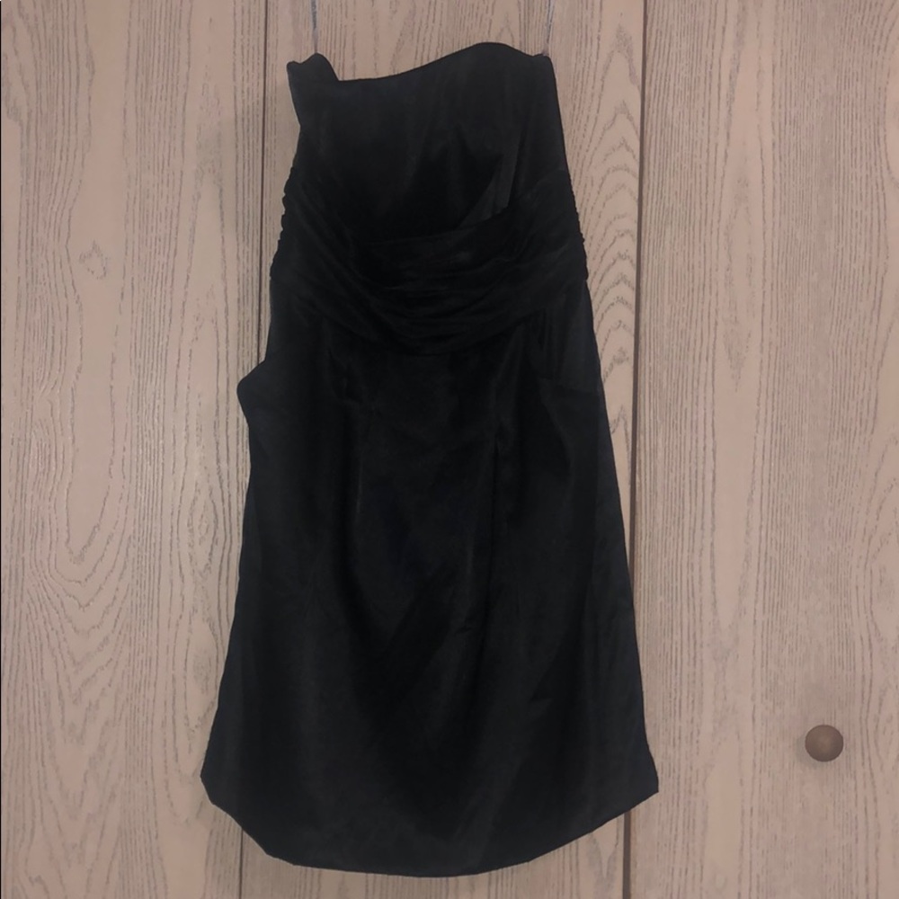 Black strapless David’s Bridal bridesmaid dress